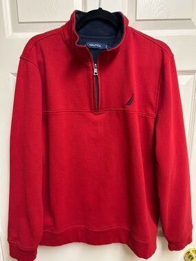 Nautica Red Quarter-Zip Fleece Pullover with Navy Trim